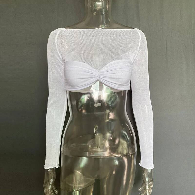 See Through Mesh Long Sleeve Crop Top