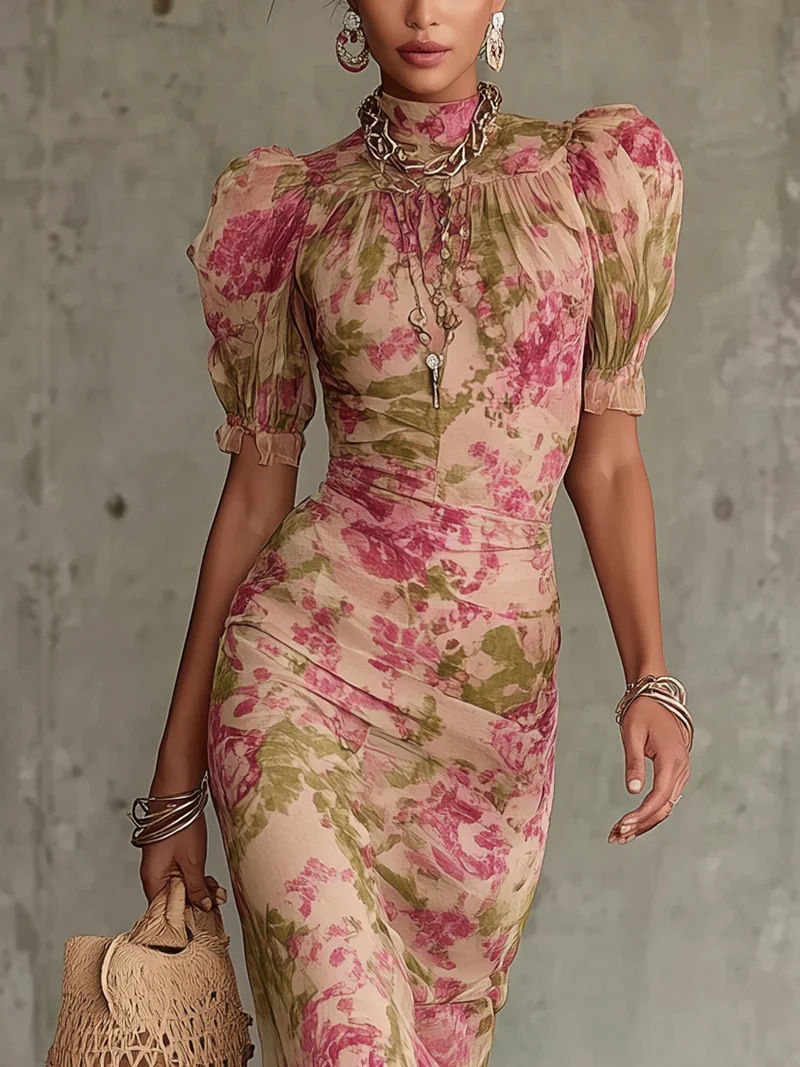 Floral Print Fashion Short Sleeve Mesh Versatile Elegant Long Skirt Womens Eveni