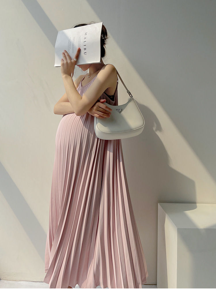 Beige Pink Sunmer Pregnant Woman Pleated Dress Maternity Chiffon Mid-Calf Pregn