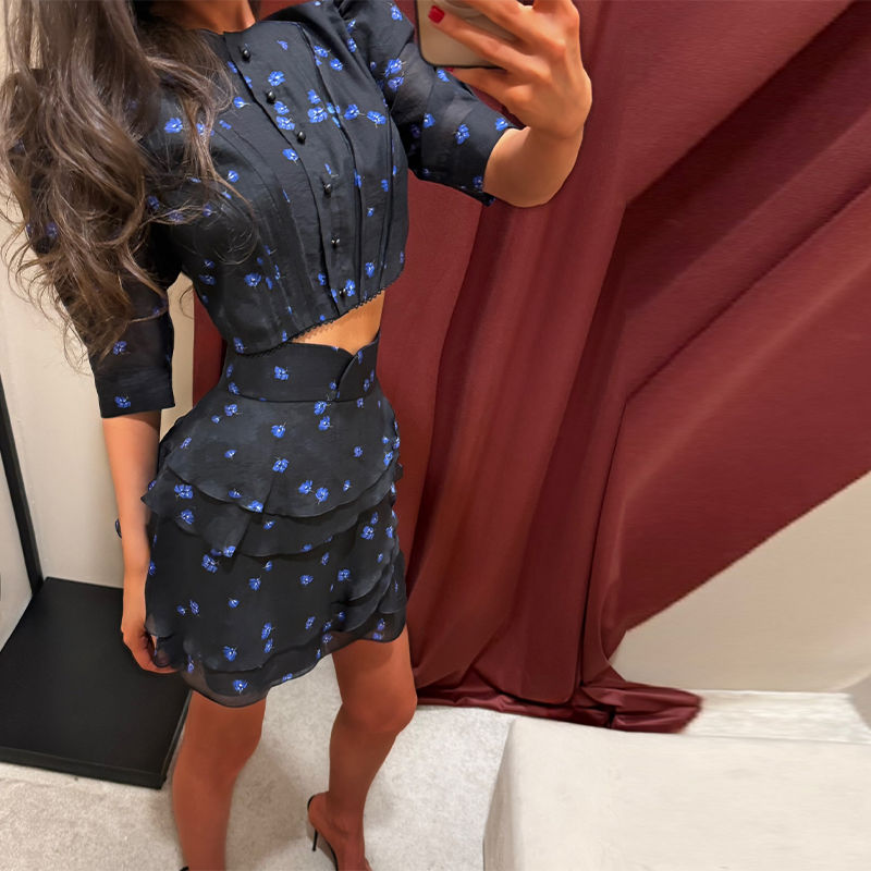 Fashion Women's Printed Cropped Shirts Chiffon Skirt Sets Pleated Puff Sleeve To
