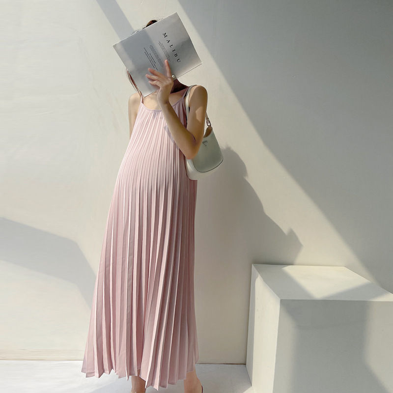 Beige Pink Sunmer Pregnant Woman Pleated Dress Maternity Chiffon Mid-Calf Pregn