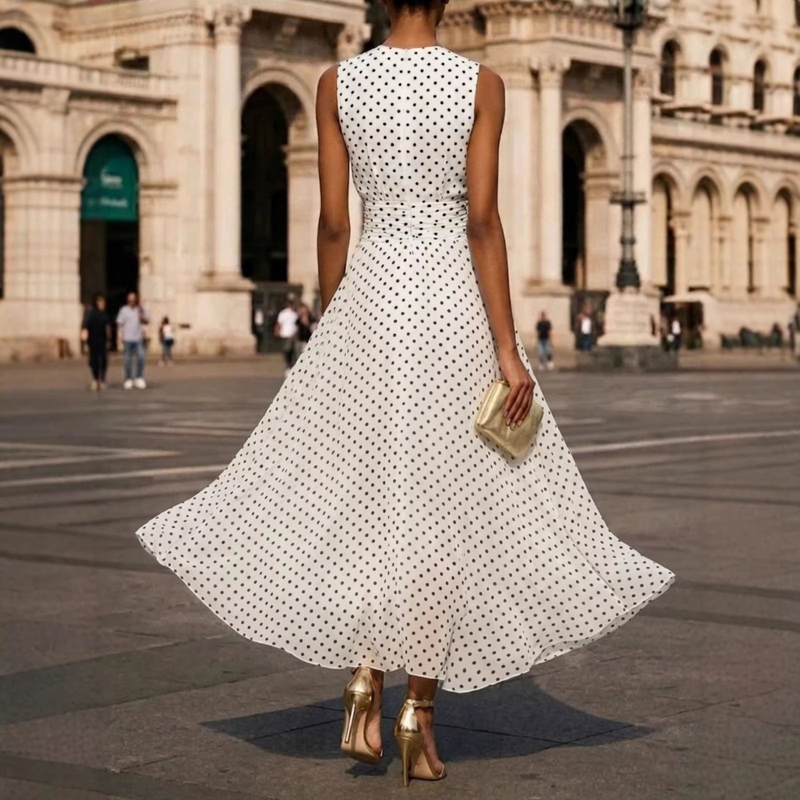 Polka Dot Sleeveless French Waist A-line Dress