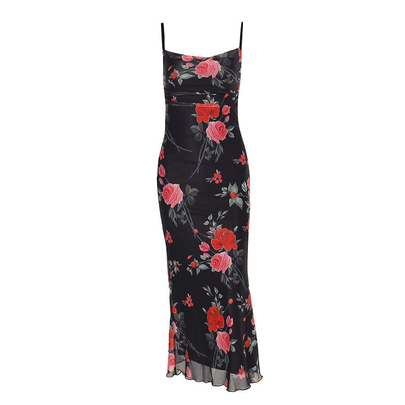 Retro Rose Spaghetti Strap Dress