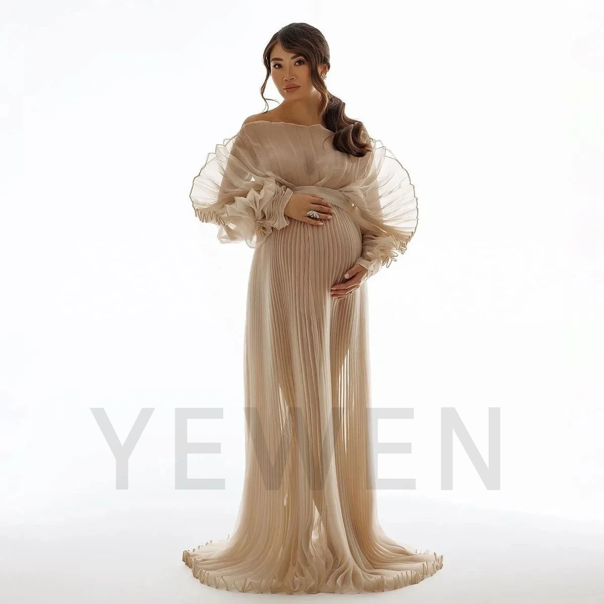 Fashion Organza Pleated Maternity Dress for PhotoShoot Pregnancy White Dress Plu