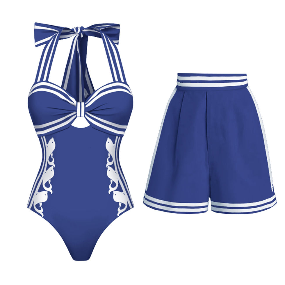 Thumbnail: Blue One Piece Swimsuit + shorts Floral Ruffle Printed Set