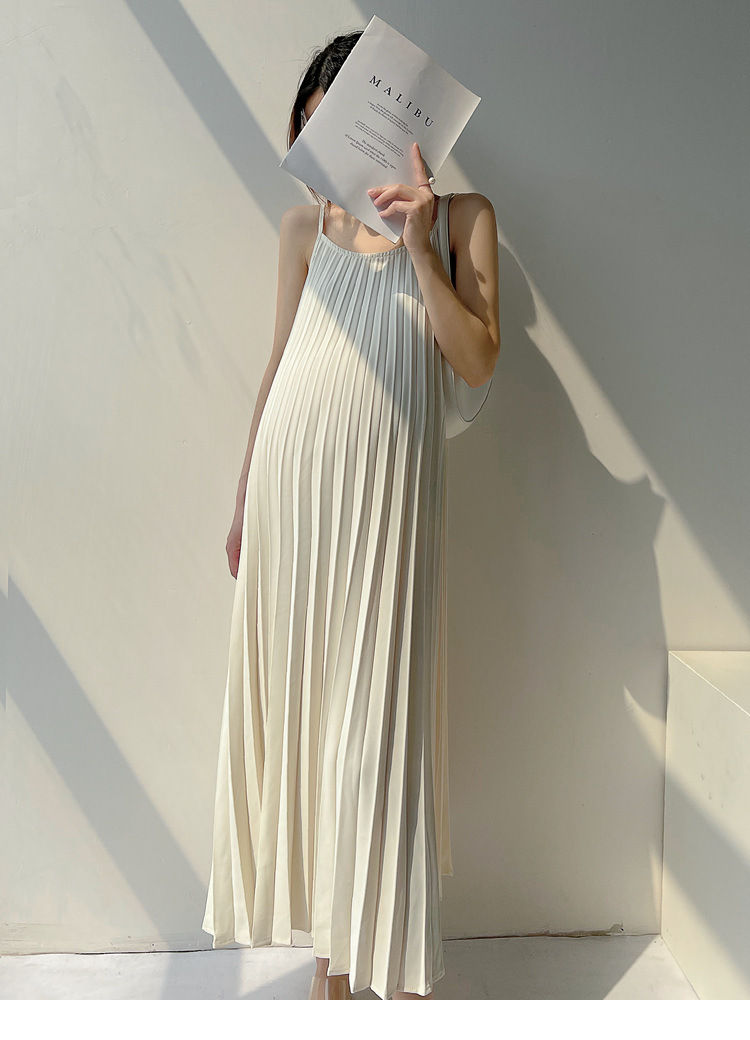 Beige Pink Sunmer Pregnant Woman Pleated Dress Maternity Chiffon Mid-Calf Pregn