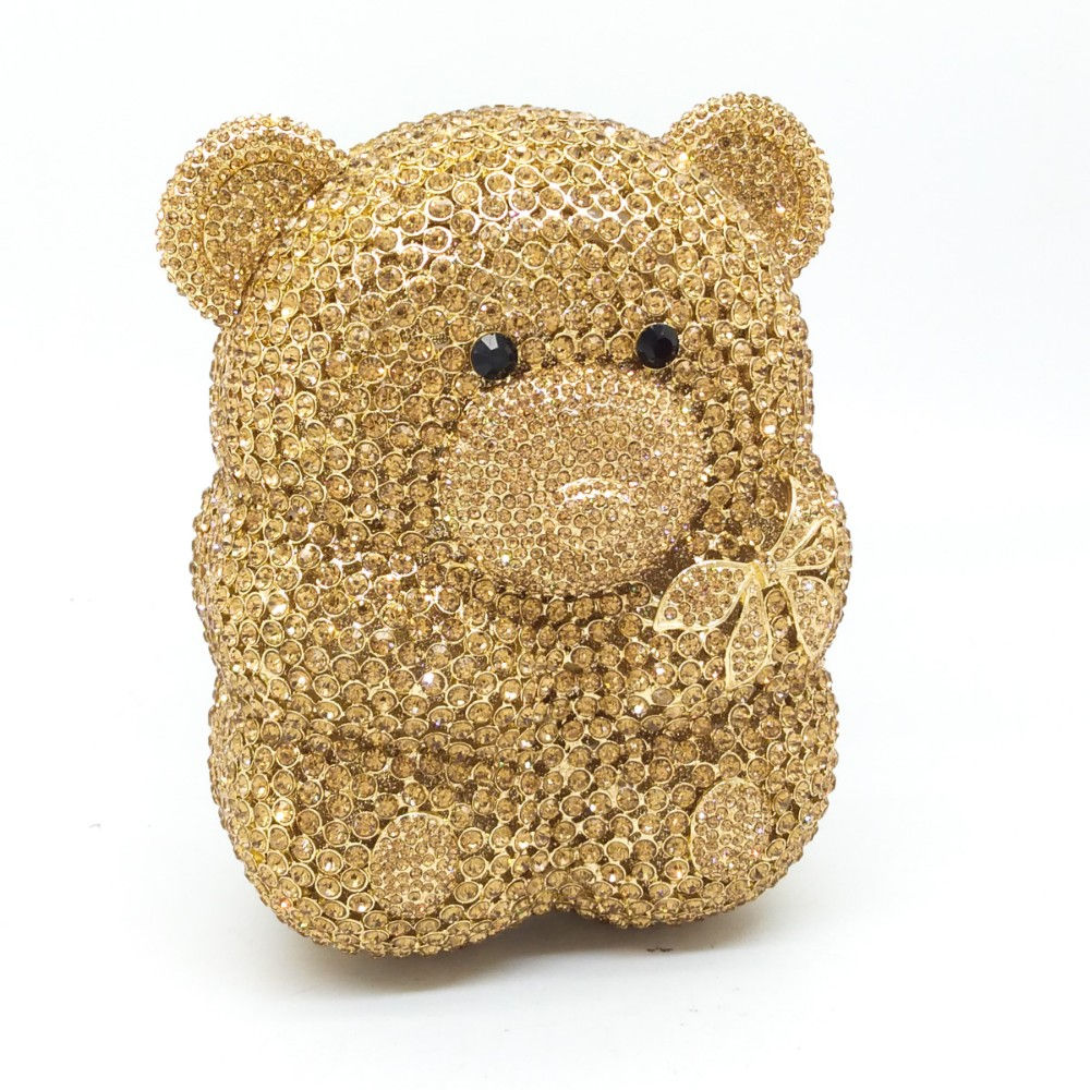 Boutique De FGG Golden Bear Teddy Women Gold Crystal Evening Clutch Bag Rhinesto