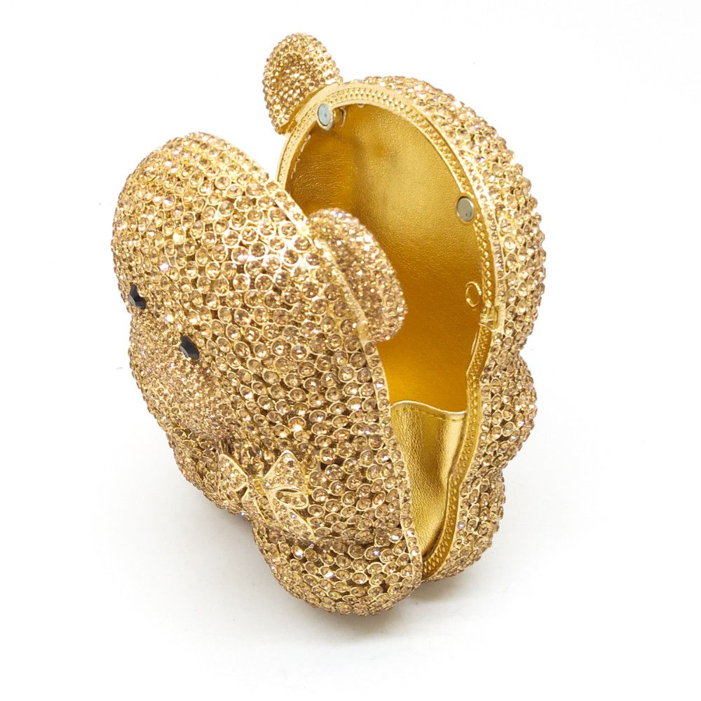 Boutique De FGG Golden Bear Teddy Women Gold Crystal Evening Clutch Bag Rhinesto