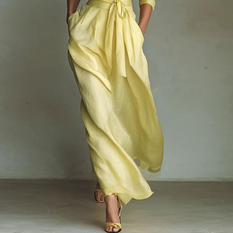 Bohemian Elegant Lace-up High Waist Long Dress Woman New Turn-down Collar Hollow