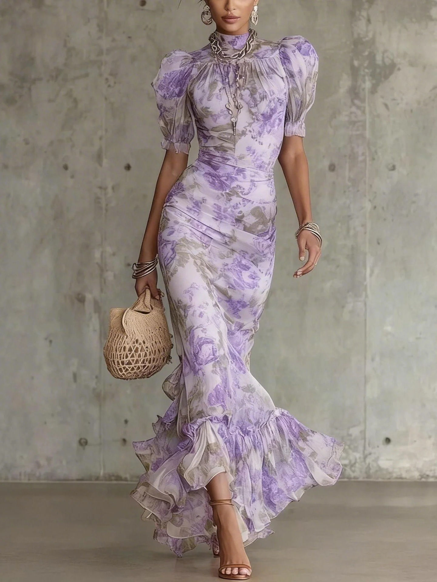 Floral Print Fashion Short Sleeve Mesh Versatile Elegant Long Skirt Womens Eveni
