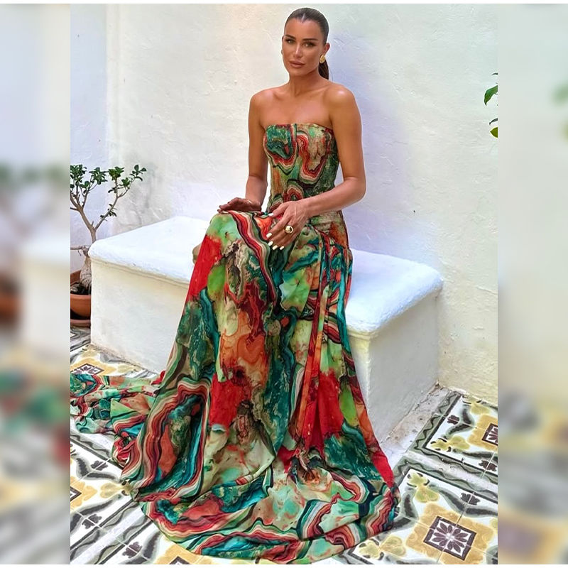 Pleated Waist Strapless Dress Women's New Printed Colorful Long Gown Elegant Fas