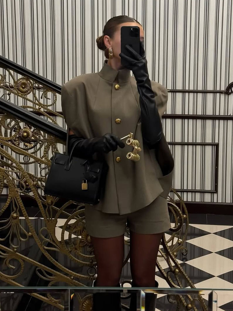 Stand Collar Cape Jacket Short Set
