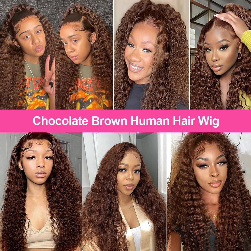 13x4 Chocolate Brown Water Curly Lace Front Wig #4 Colored Human Hair Wigs Pre P