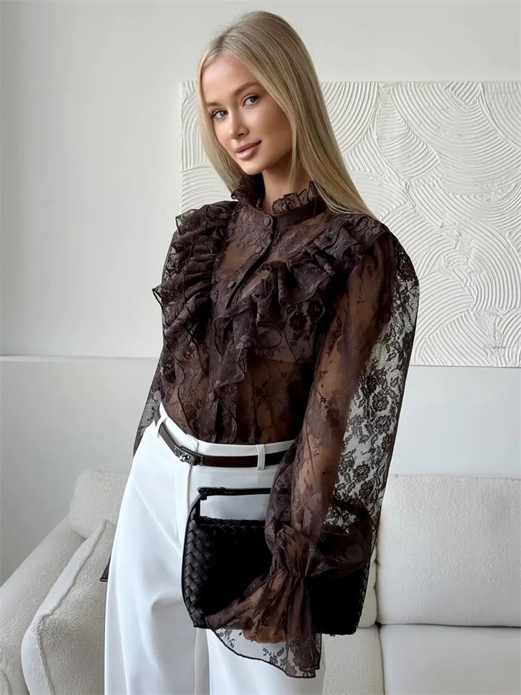 Tossy Lace Ruffled Printed Shirts Female See-Through Patchwork Lace-Up Long Slee