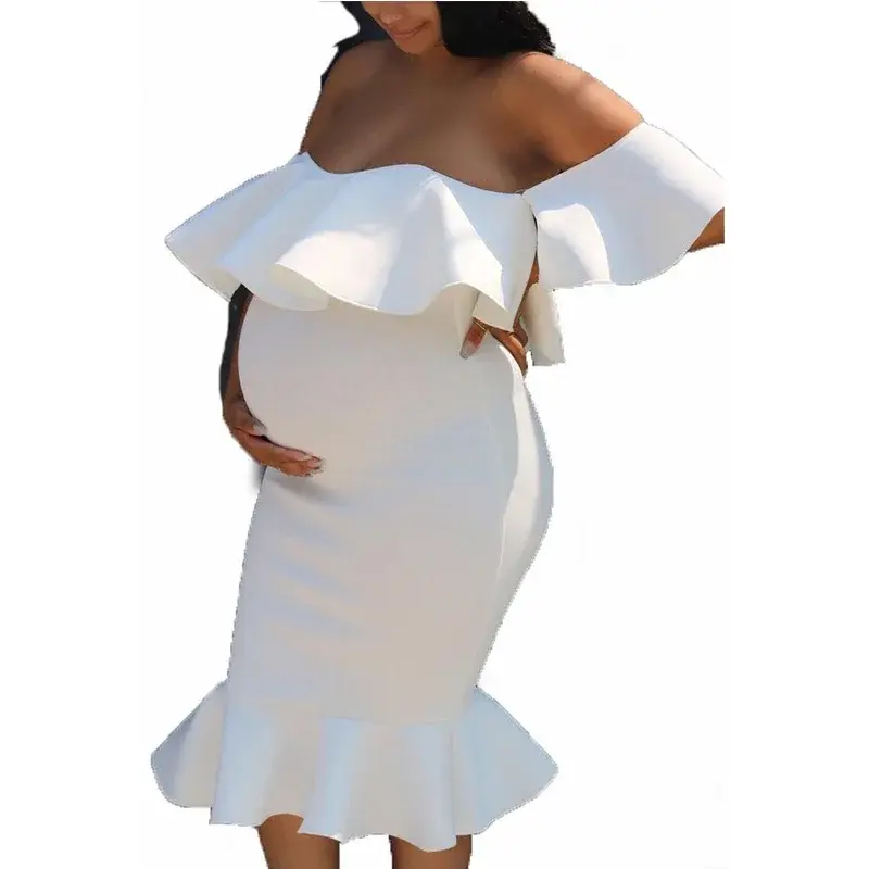 Maternity's Women Clothes Pregnancy Dresses Evening Solid Ruffles Off The Should