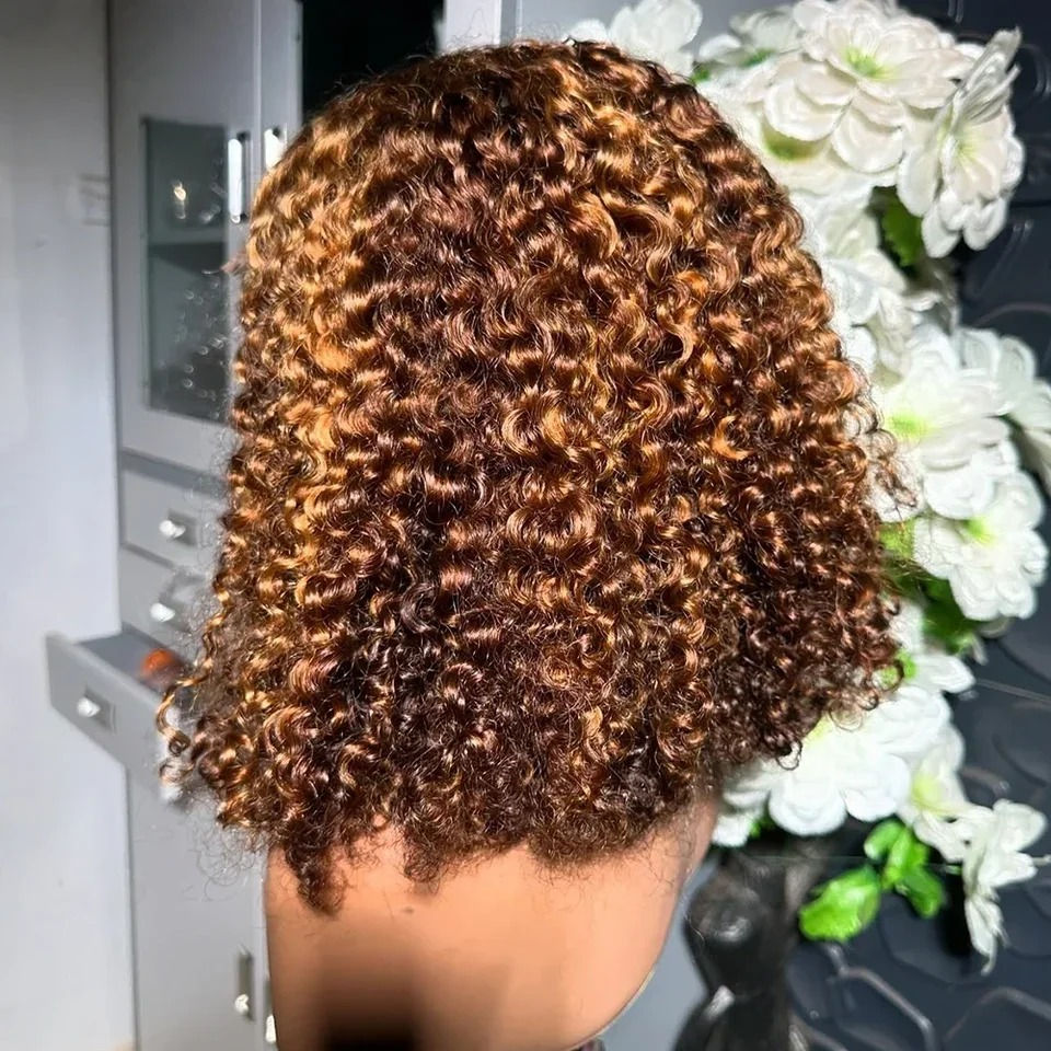 Deep Culry Highlight 4/27 Color 100% Human Hair 16Inch Bob Wigs 13x4 HD Lace Fro