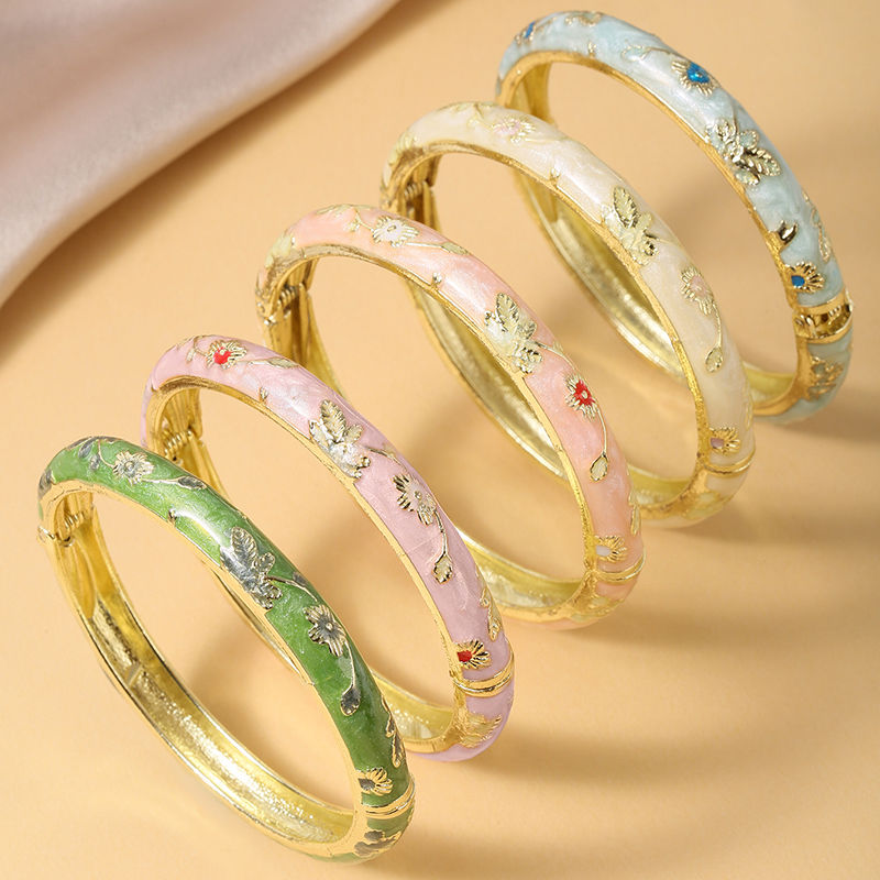 Vintage Style Bohemian Oil-Drop 5PCS Fine Small Flower Cloisonne Enamel Bangles