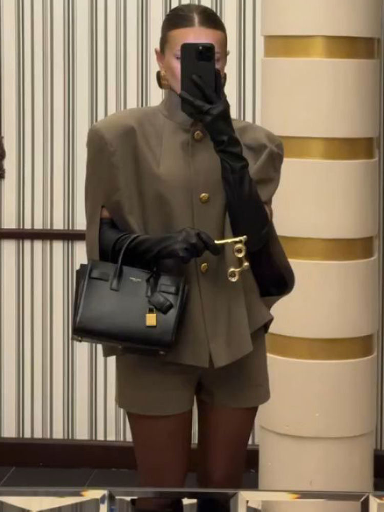 Stand Collar Cape Jacket Short Set