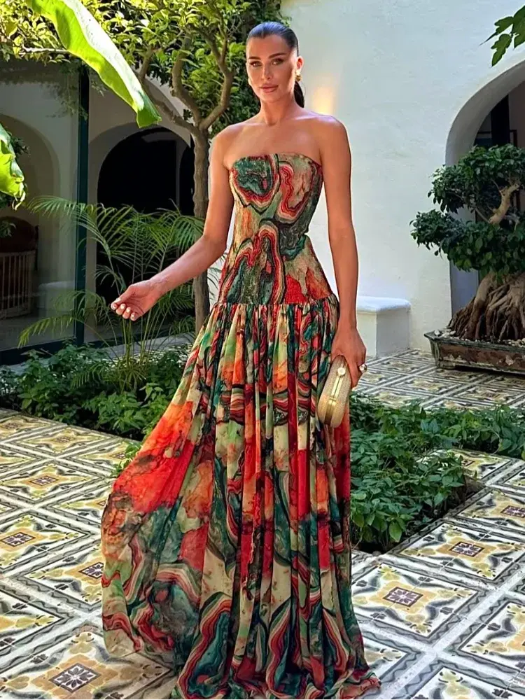 Pleated Waist Strapless Dress Women's New Printed Colorful Long Gown Elegant Fas