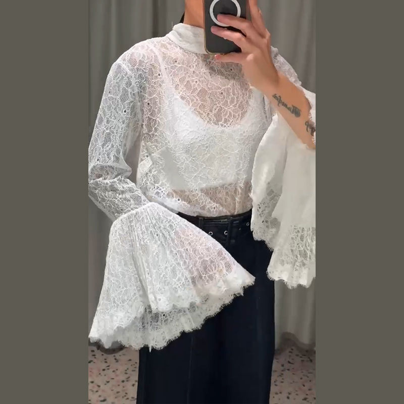 Elegant See Through Shirt Women Fashion Full Flare Sleeve Sexy Lace Up Loose Sol