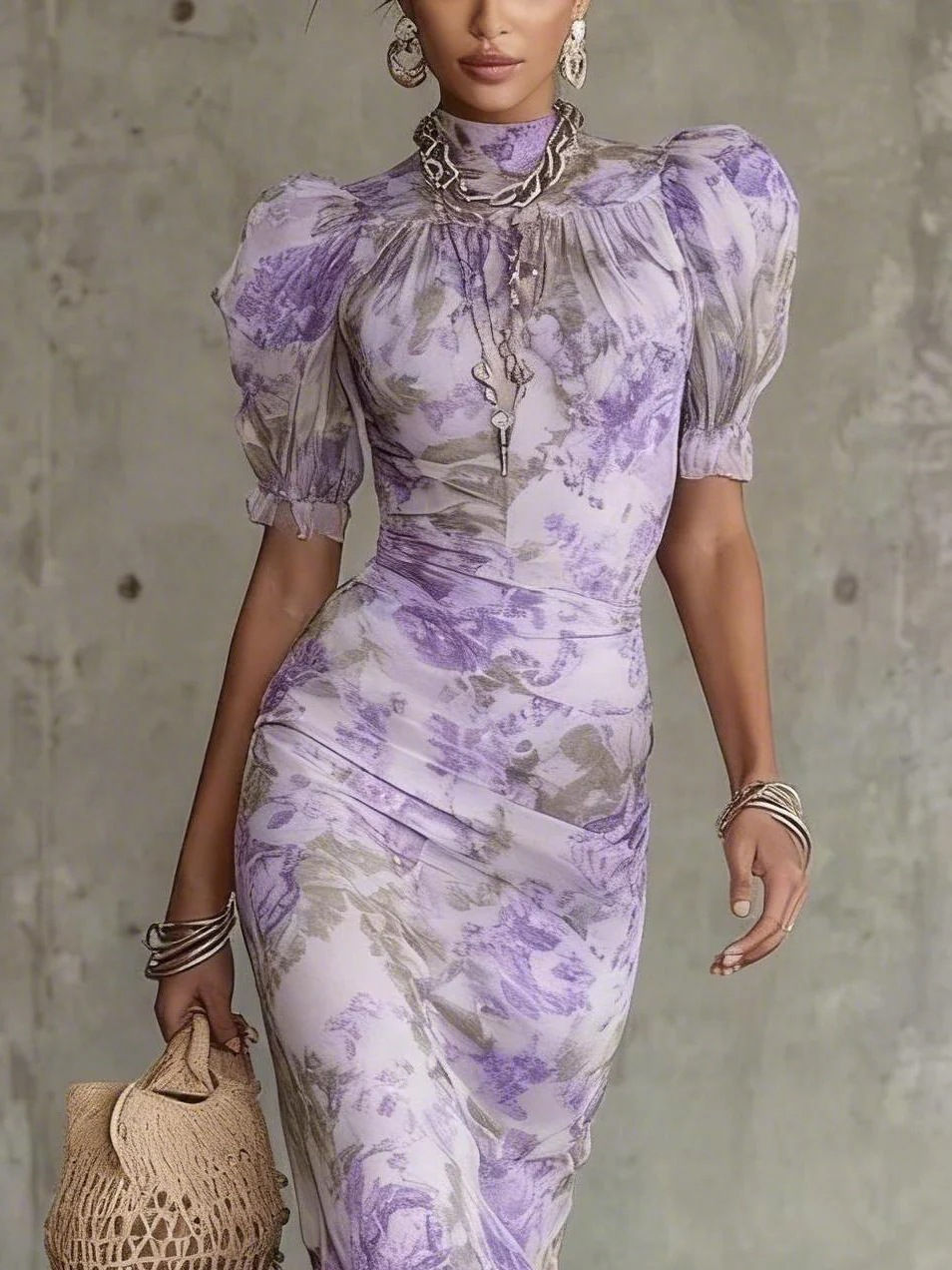 Floral Print Fashion Short Sleeve Mesh Versatile Elegant Long Skirt Womens Eveni