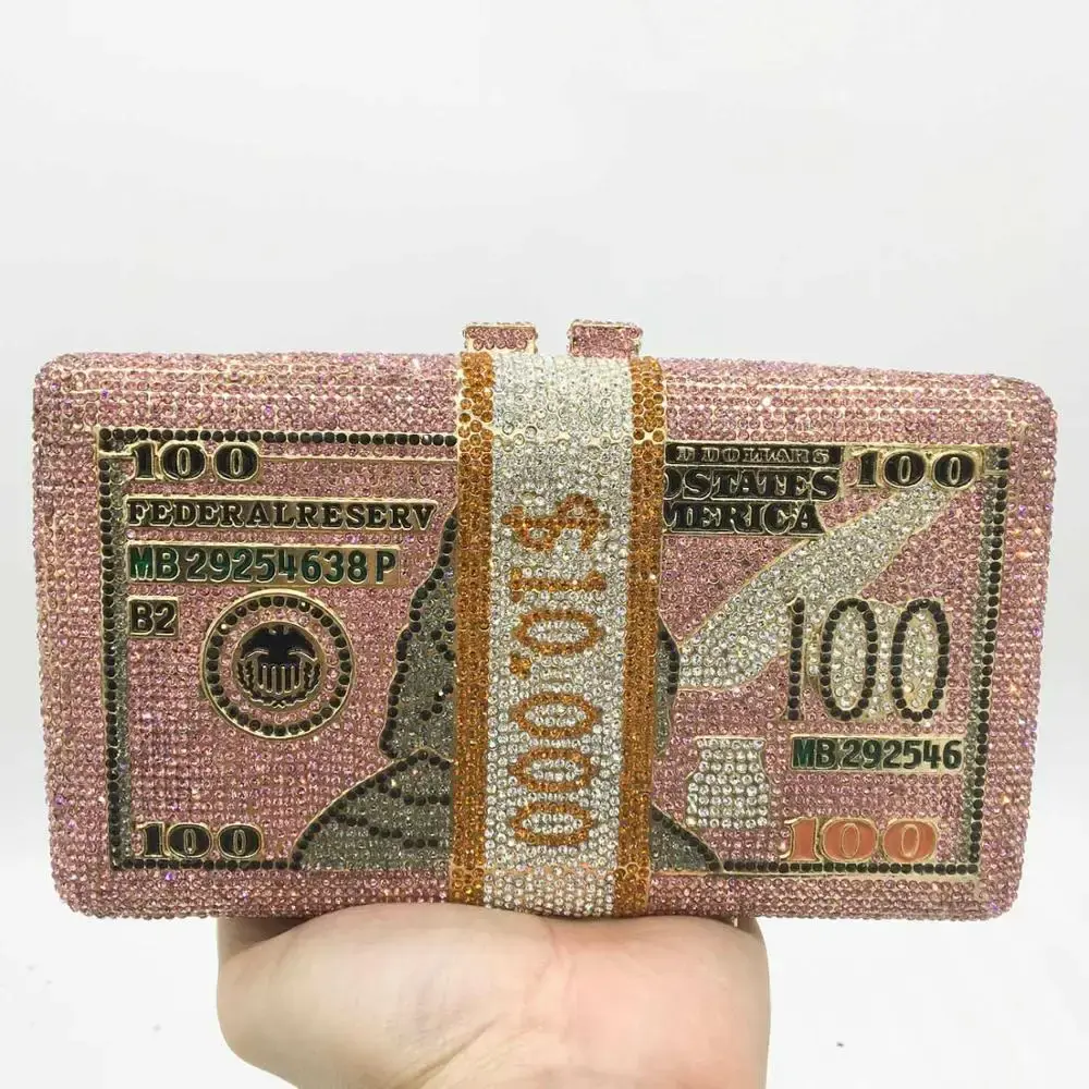 Boutique De FGG Hand-Made Stack of Cash Round Women Crystal Evening Money Clutch