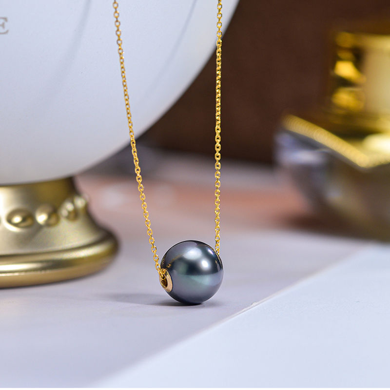 Real 18K Gold Pearl Pendant Necklace For Women,Tahitian Black Pearl Necklace Pen