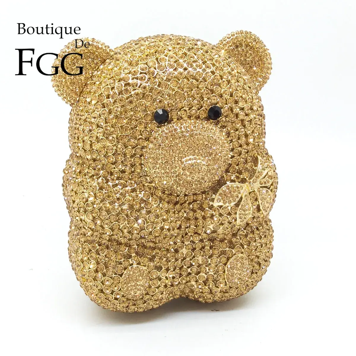 Boutique De FGG Golden Bear Teddy Women Gold Crystal Evening Clutch Bag Rhinesto