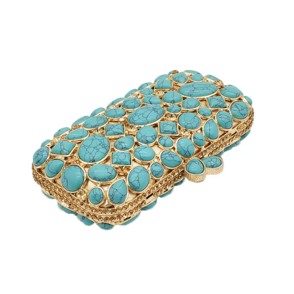 Boutique De FGG Turquoise Synthetic Agate Stone Evening Bags and Clutches for Wo
