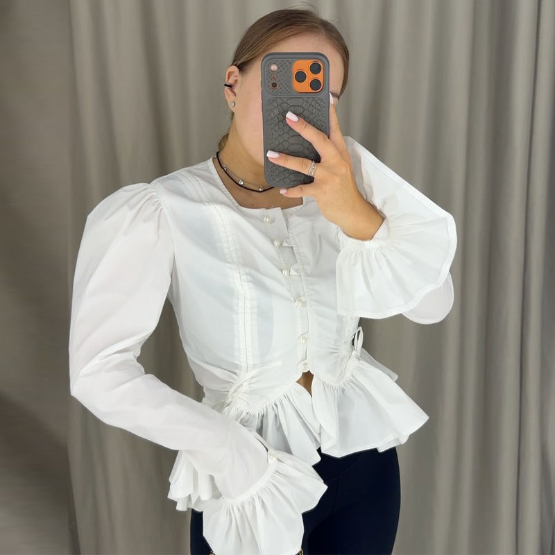 Ruffles Drawstring Fitted Shirts Women O Neck Single Breasted Flare Long Sleeves