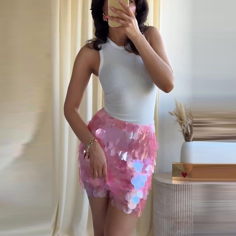 Two-Piece Sequin Shell Sheer Top & Skirt Sets