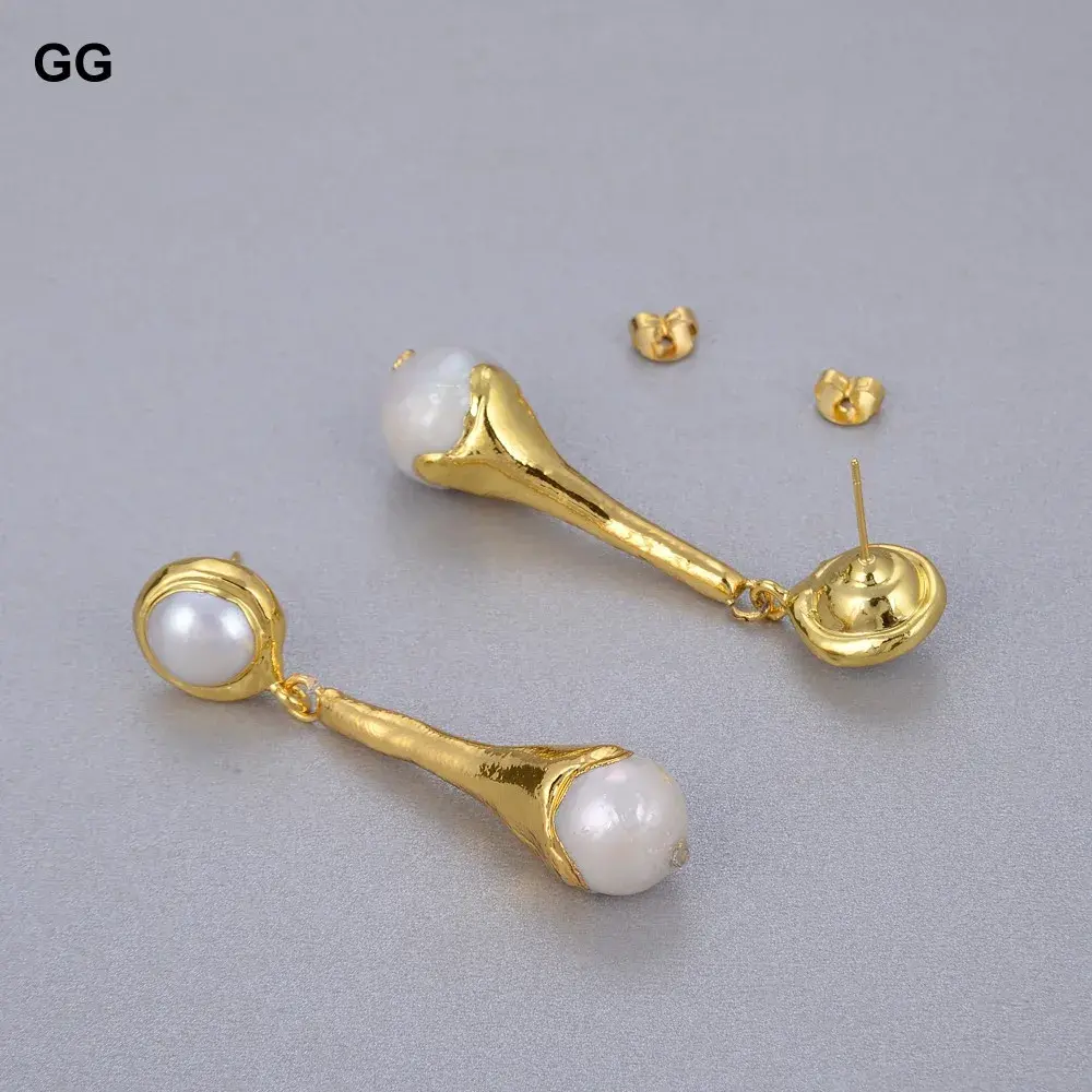White Keshi Pearl Yellow Gold Color Plated Stud Earrings