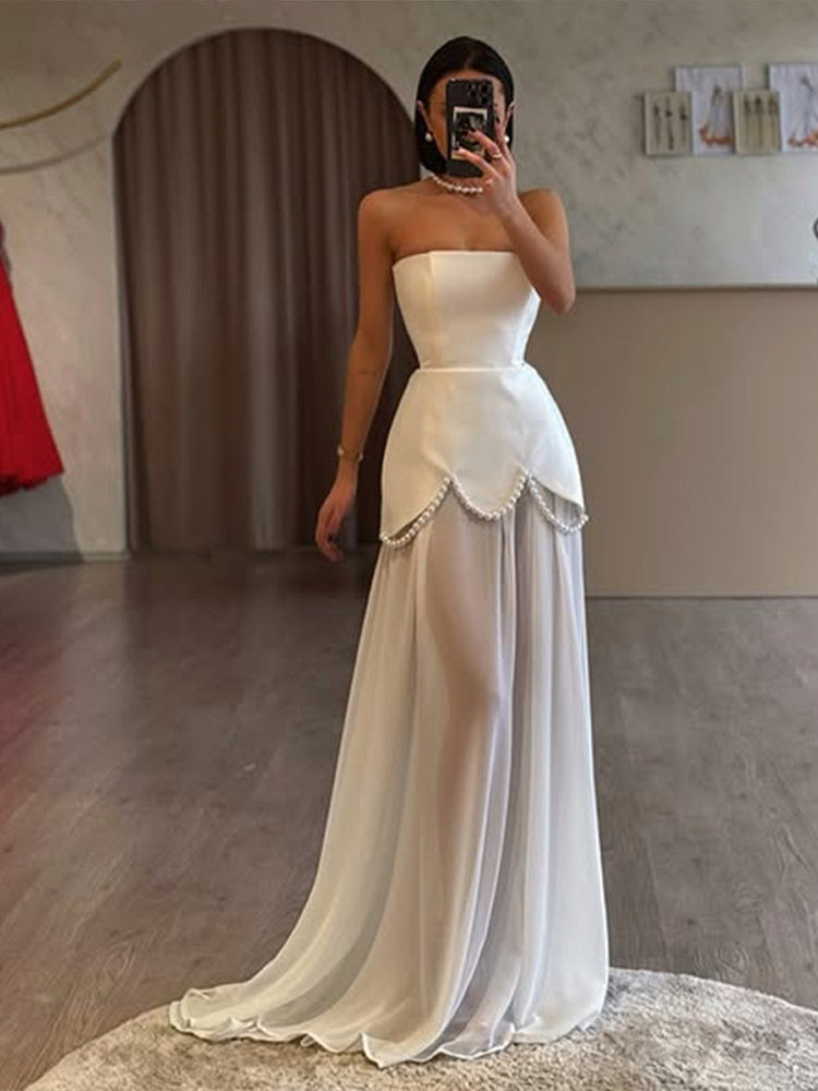 Women's Evening Dresses Mesh Patchwork Strapless Long Dress Autumn 2025 Female R