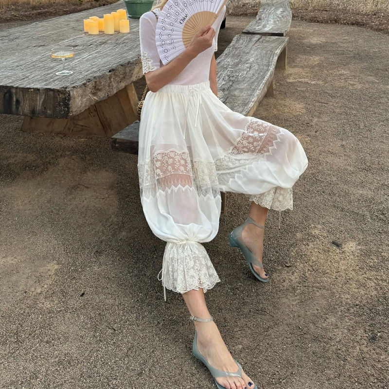 Floral Lace Sheer See-through Patchwork Elastic High Waist Capri Bloomers