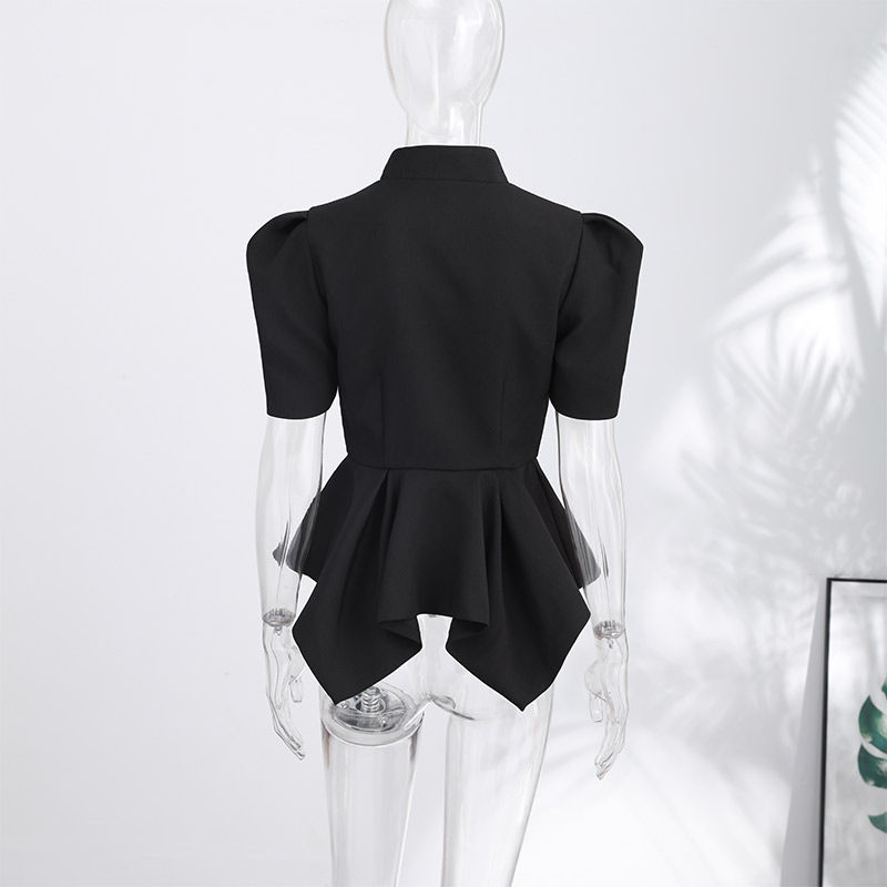 Elegant Short Puff Sleeve Key Hole Collar Peplum Top