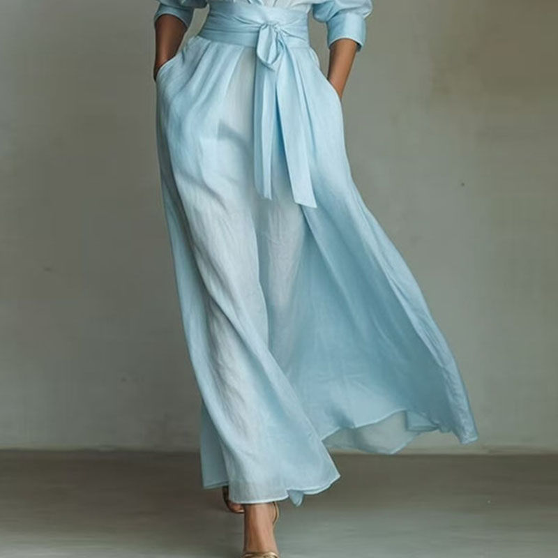 Bohemian Elegant Lace-up High Waist Long Dress Woman New Turn-down Collar Hollow
