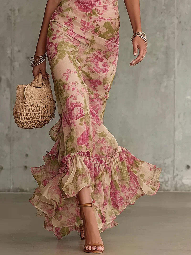 Floral Print Fashion Short Sleeve Mesh Versatile Elegant Long Skirt Womens Eveni