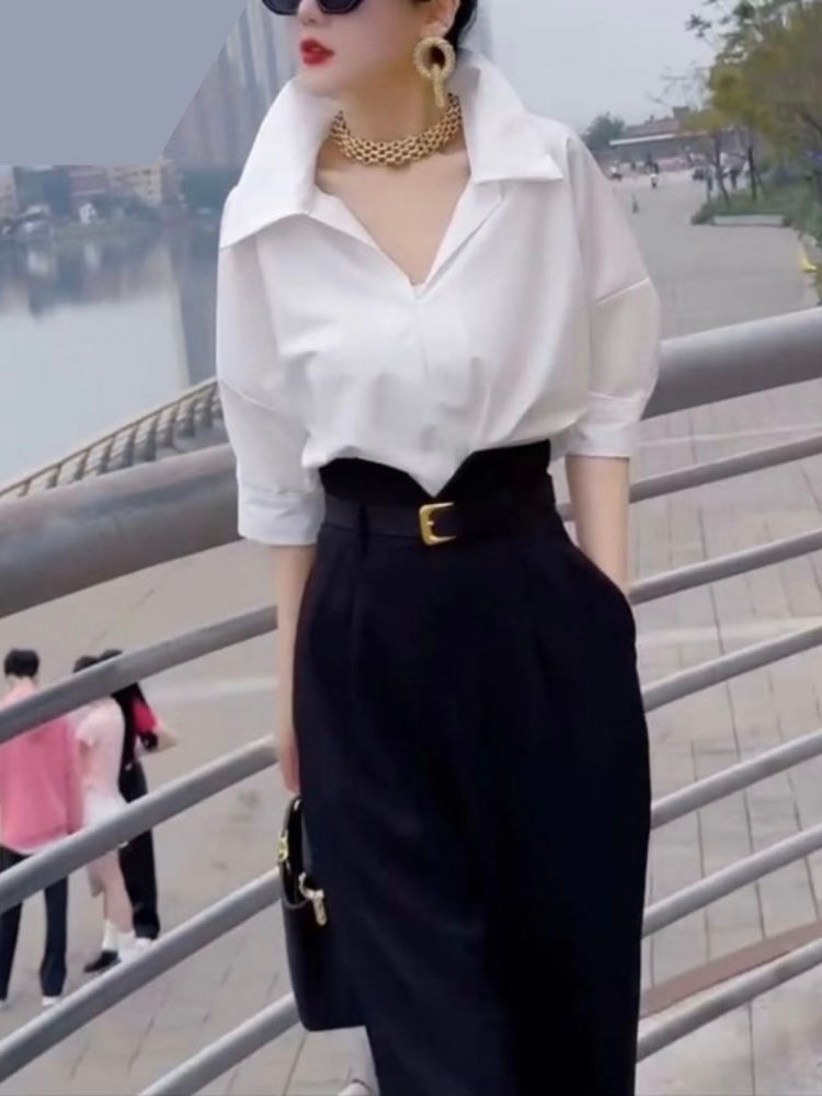 Weiße Bluse + schwarzes High-Waist Rock-Set
