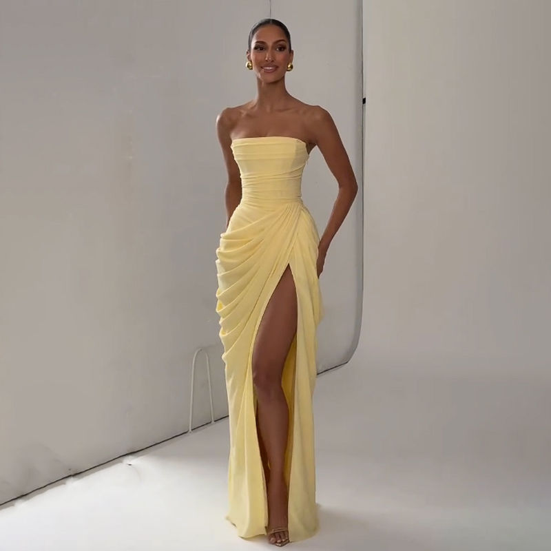 Elegant Yellow Strapless Pleated Long Dress