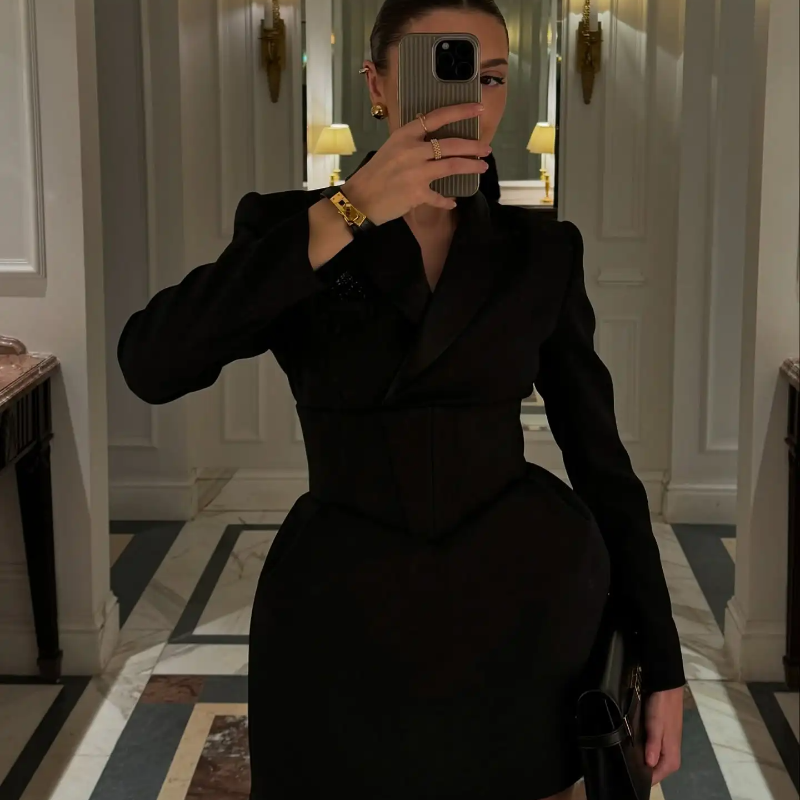 Solid Sexy Cinched Waist Mini Dress Women Fashion V-neck Full Sleeve Shoulder Pa