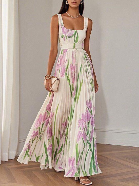 Elegant Print Belt Long Holiday Dress Women Square Collar Sleeveless Backless Pl
