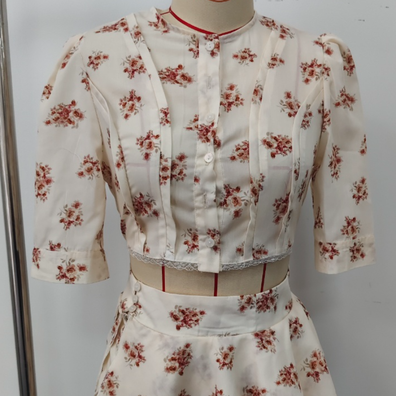 Fashion Women's Printed Cropped Shirts Chiffon Skirt Sets Pleated Puff Sleeve To