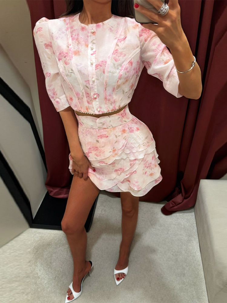 Fashion Women's Printed Cropped Shirts Chiffon Skirt Sets Pleated Puff Sleeve To