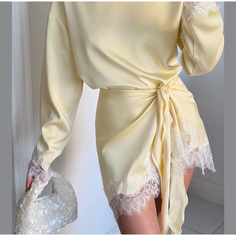 Loose Satin Mini Dress Women O Neck Long Sleeves Lace Patchwork Straight Vestido