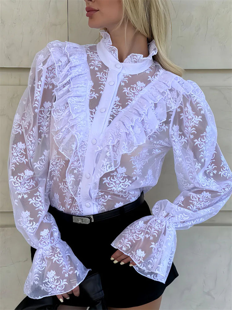 Tossy Lace Ruffled Printed Shirts Female See-Through Patchwork Lace-Up Long Slee