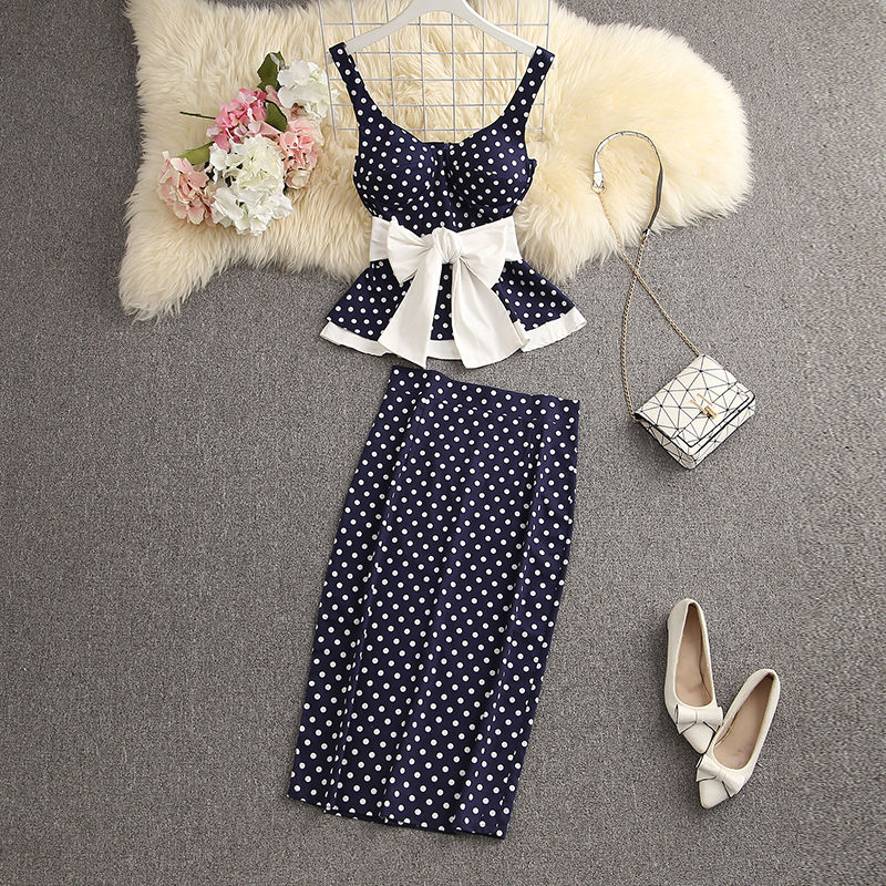 Ruffled Sweet Bow Sashes Slim Top + Back Slit Pencil Skirt 2pcs Set
