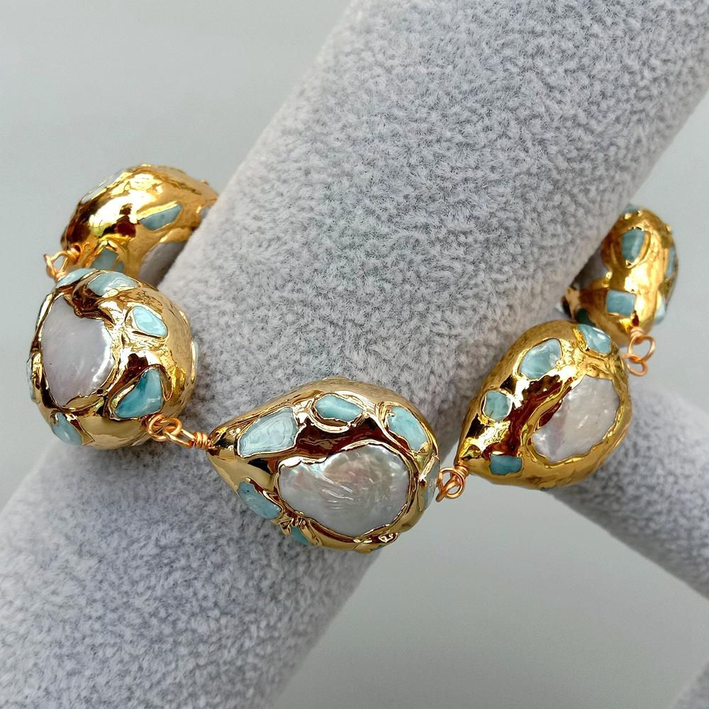 Natural White Coin Freshwater Pearl Blue larimar Chips Teardrop Gold Plated Brac