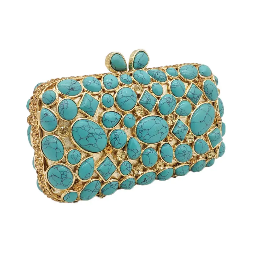 Boutique De FGG Turquoise Synthetic Agate Stone Evening Bags and Clutches for Wo