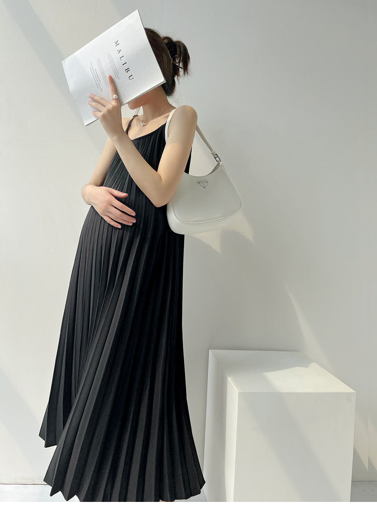 Beige Pink Sunmer Pregnant Woman Pleated Dress Maternity Chiffon Mid-Calf Pregn