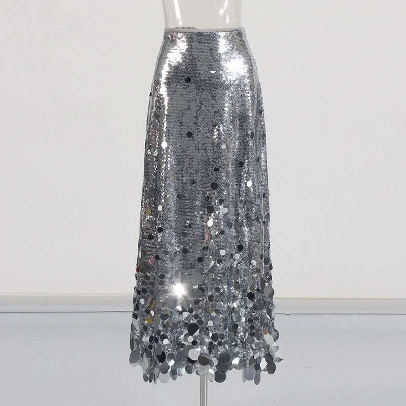 TWOTWINSTYLE Solid Patchwork Sequins Chic Skirts For Women High Waist Soliced Zi